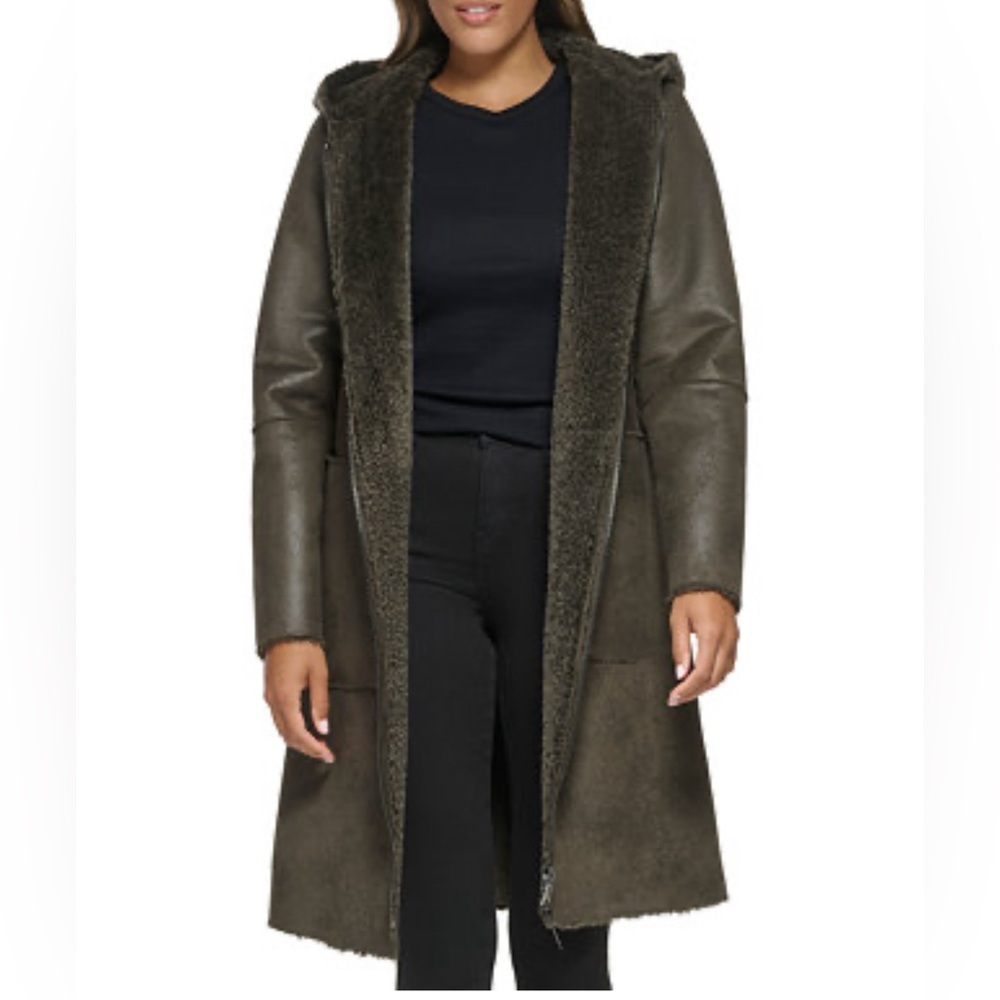 NEW NWT $400 DKNY Hooded Faux Shearling Long Coat, Army Green Brown , 2XL PLUS